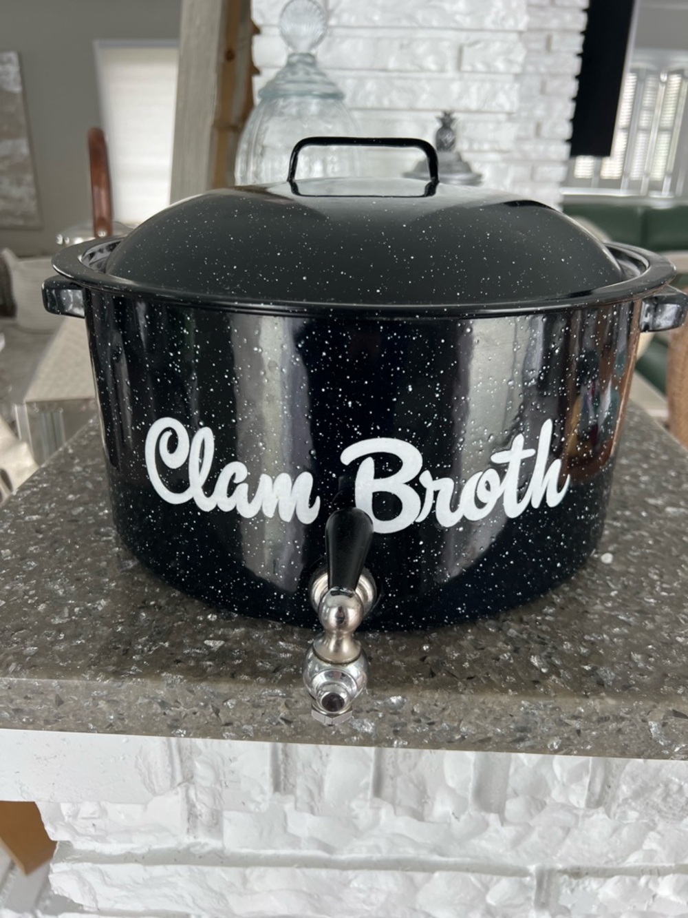 Vintage Speckled Black Enamel Clam Broth Pot with Spigot - Picture 2 of 11